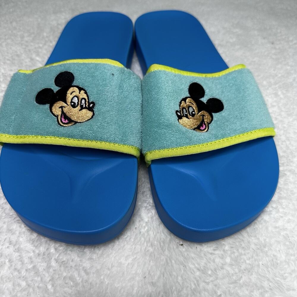 Mickey Mouse Slide Sandals Terry Cloth Blue Green Women Size 11 Men Size 9.5